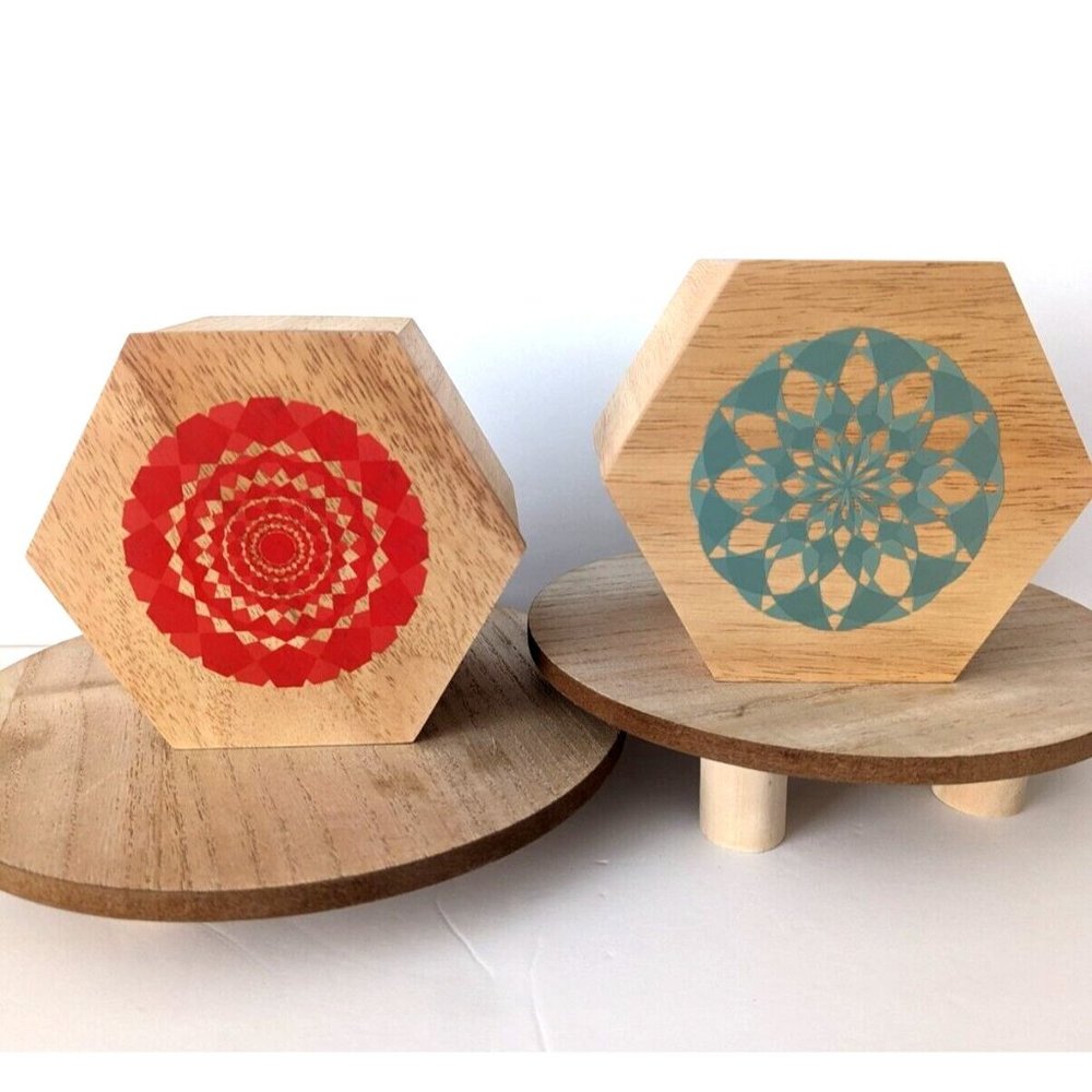 BoConcept Wooden Box w Print Geo Mandala Design Dust Green & Orange Hexagon NIB